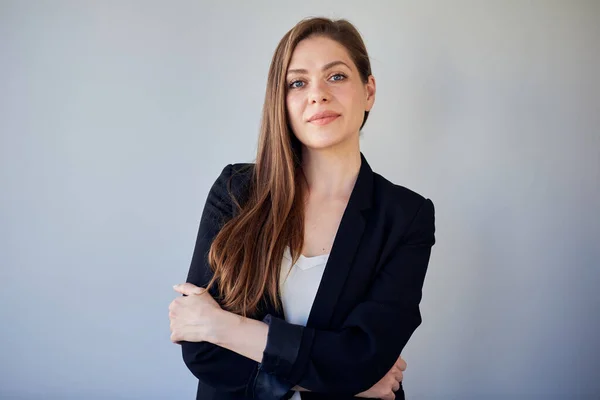 Woman in black business suit isolated portrait.