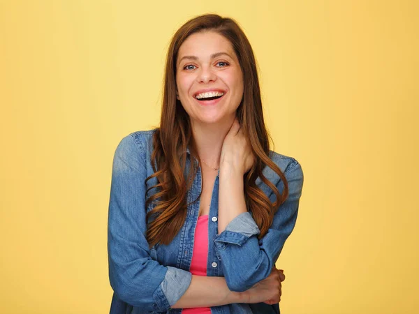 Mujer Emocional Feliz Con Camisa Casual Azul Retrato Femenino Aislado —  Fotos de Stock