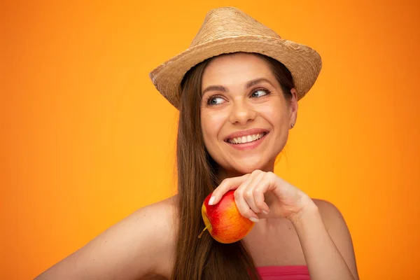 Happy Smiling Woman Mexican Hat Bare Shoulder Holding Red Apple — Stock Photo, Image