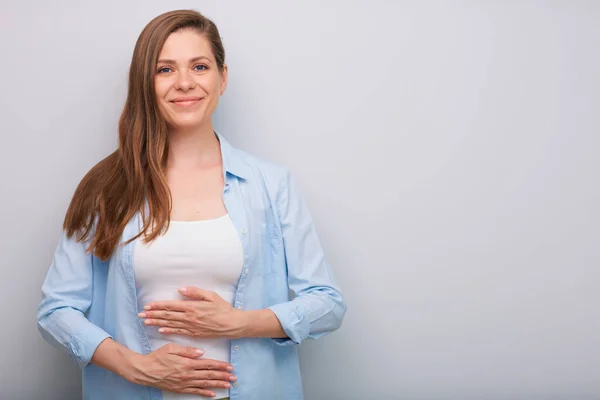 Mujer Feliz Retrato Aislado Con Mano Estómago — Foto de Stock