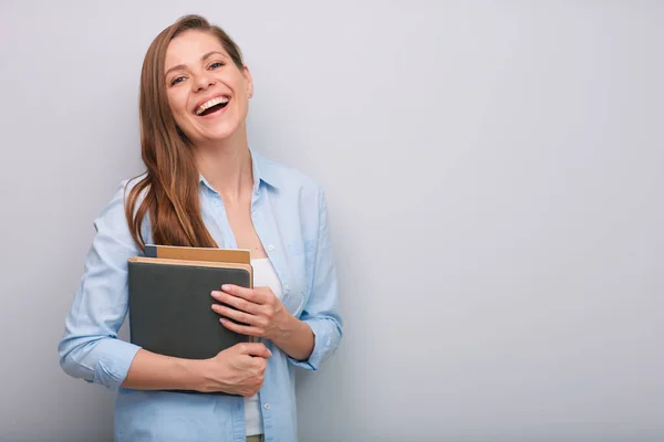 Mujer Sonriente Maestra Estudiante Sosteniendo Libro Libro Trabajo Retrato Aislado — Foto de Stock