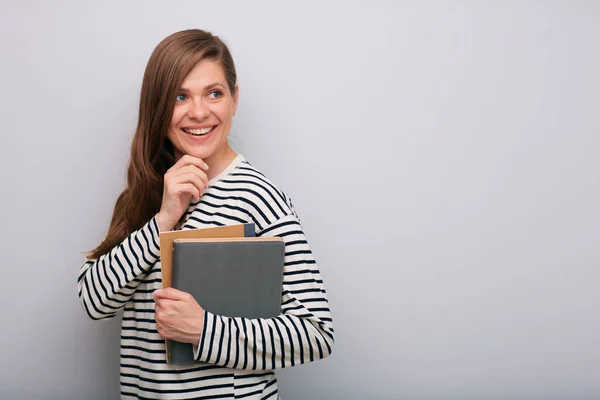 Smiling Woman Looking Back Shoulder Isolated Portrait Female Student Book — Stock Photo, Image