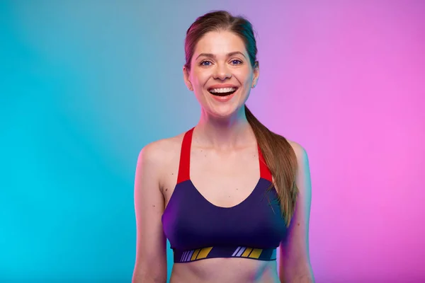 Vrolijke Sportieve Vrouw Fitness Sportkleding Met Open Mond Grote Glimlach — Stockfoto