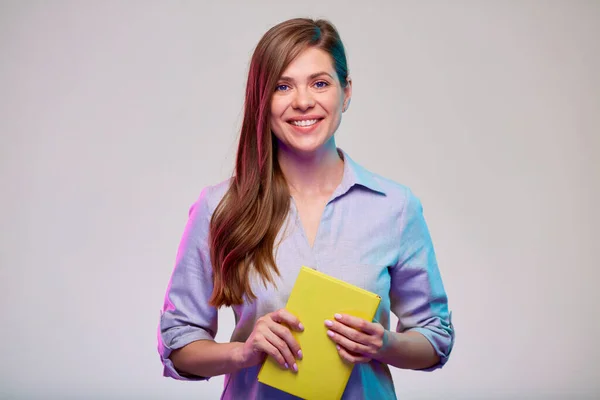 Smiling Woman Teacher Happy Student Holding Yellow Book Adult Student — Stock Photo, Image