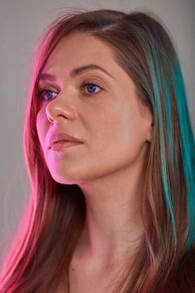 Young Woman Looking Away Female Face Beauty Portrait Multicolored Light — Stock Photo, Image