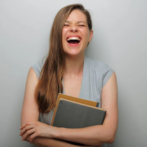 Feliz Profesor Emocional Estudiante Mujer Sosteniendo Libro Trabajo Retrato Aislado — Foto de Stock