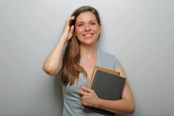 Professora Sorridente Aluna Com Livro Trabalho Retrato Isolado Feminino — Fotografia de Stock