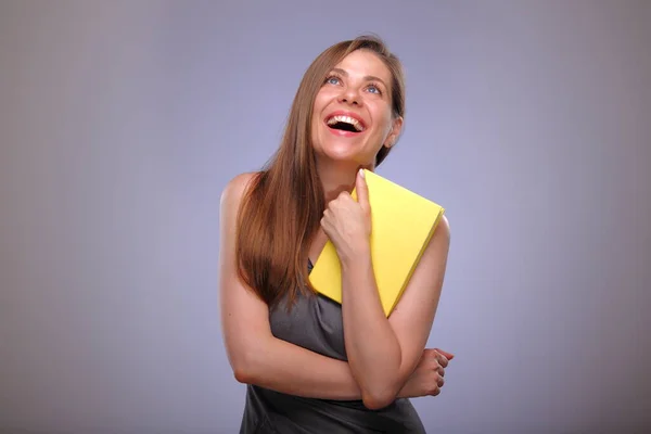 Žena Učitel Nebo Dospělý Student Knihou Vzhlíží Usmívající Obchodní Osoba — Stock fotografie