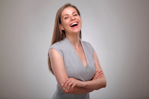 Retrato Mulher Negócios Isolado Com Braços Cruzados Rindo Pessoa Negócios — Fotografia de Stock