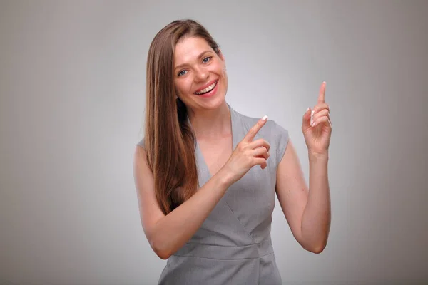 Retrato Mujer Negocios Aislada Persona Negocios Sonriente Señalando Con Dedo —  Fotos de Stock