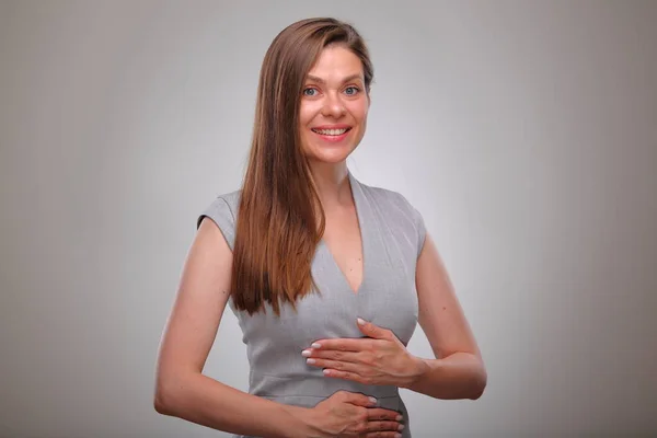 woman period Isolated portrait, smiling business person with hand on stomach