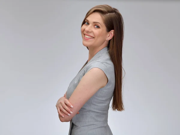 Smiling Business Woman Arms Crossed Profile View Looking Camera Isolated — Stock Photo, Image