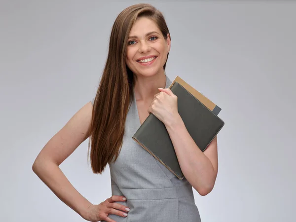 Professora Sorridente Estudante Com Uma Mão Quadril Segurando Livros Fundo — Fotografia de Stock