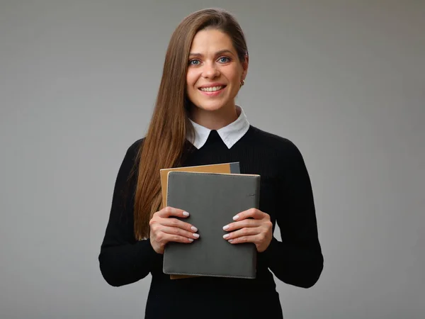 Gelukkig Vrouwelijk Leraar Student Zwart Business Pak Met Witte Boord — Stockfoto