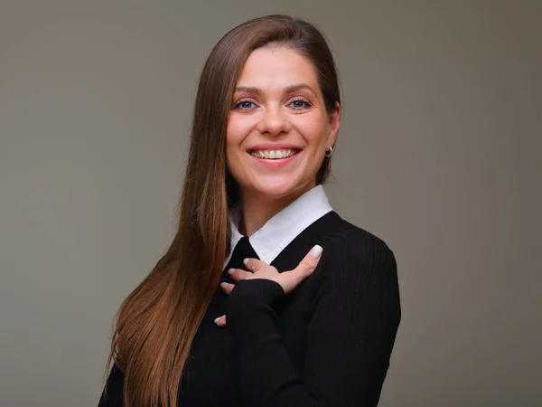 Usmívající Šťastná Žena Černém Obleku Dostat Práci Izolovaný Ženský Portrét — Stock fotografie