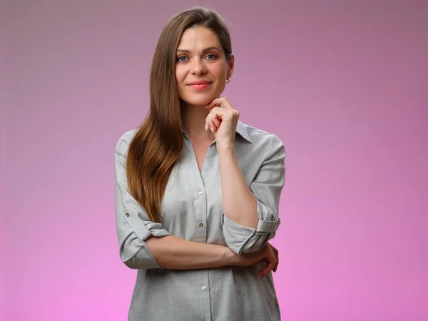 Smiling Happy Woman Long Hair Touching Chin Isolated Female Portrait — Stock Photo, Image