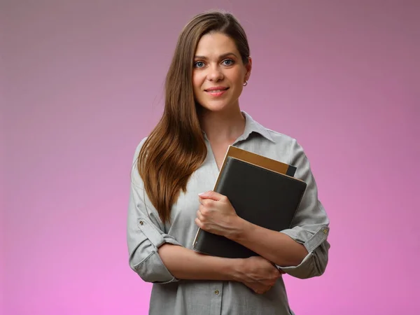 Young Teacher Student Woman Book Standing Pink Isolated Background — Stock Photo, Image