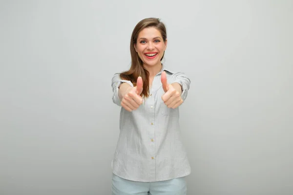 Pulgar Hacia Arriba Mujer Sonriente Retrato Femenino Aislado Pantalones Vestidos — Foto de Stock