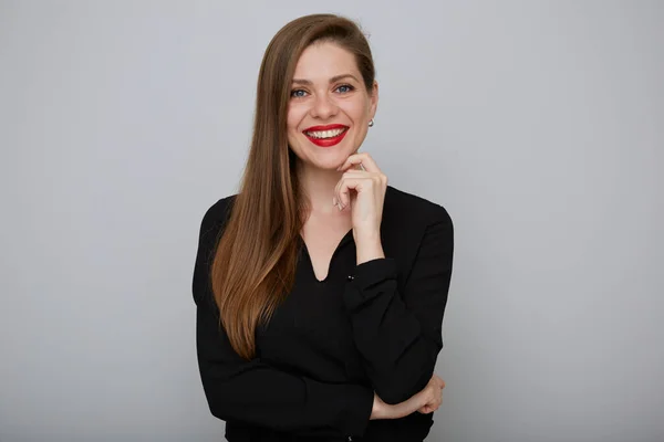 Glimlachende Zakenvrouw Zwart Shirt Denken Aanraken Van Haar Gezicht Geïsoleerd — Stockfoto