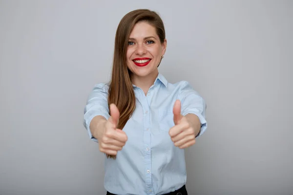 Lächelnde Geschäftsfrau Zeigt Daumen Hoch Isolierte Porträtfrau Mit Roten Lippen — Stockfoto