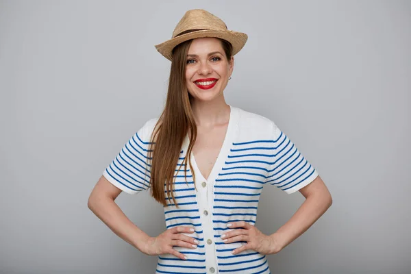 Mujer Sonriente Retrato Aislado Chica Vestido Blanco Con Rayas Azules — Foto de Stock