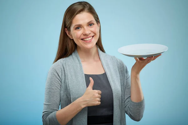 Smiling Woman Empty Plate Thumb Isolated Female Portrait — Stock Photo, Image