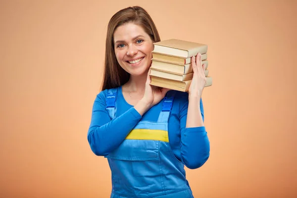 Gelukkige Vrouw Werknemer Student Overall Blauw Uniform Staat Met Boek — Stockfoto
