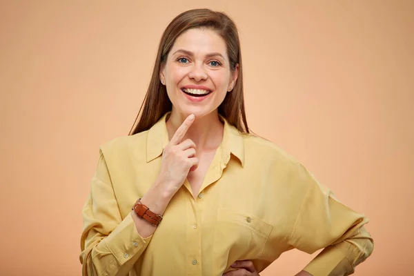 Smiling Thinking Woman Isolated Portrait Yellow Background — Stock Photo, Image