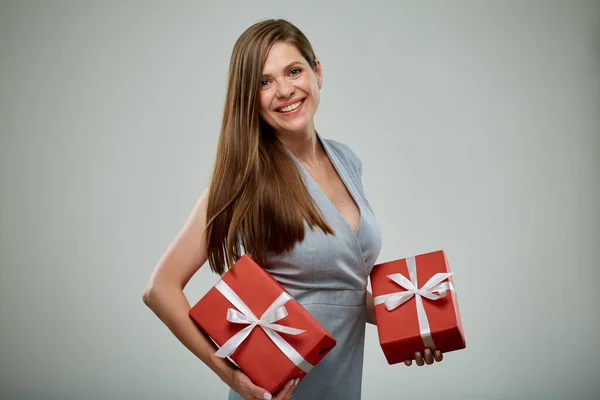 Happy Woman Gifts Isolated Portrait Business Woman Present — Stock Photo, Image