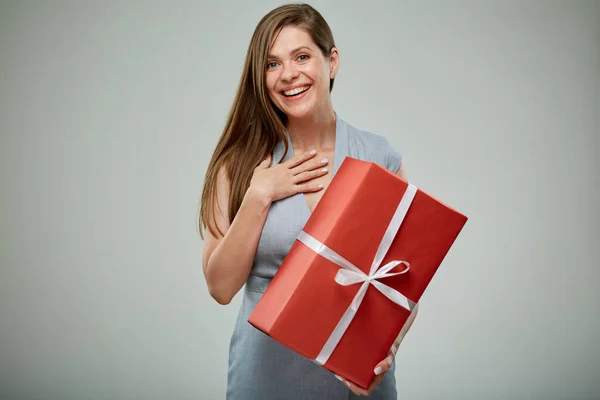 Surprising Woman Holding Red Gift Box Isolated Female Portrait — Stock Photo, Image