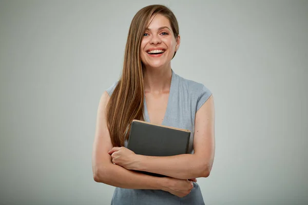 Joven Profesora Sonriente Empresaria Con Libro Retrato Aislado Estudiante Con — Foto de Stock
