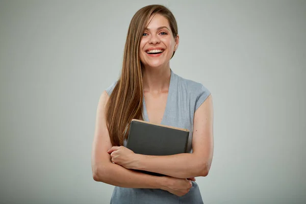 Lachende Jonge Leraar Vrouwelijke Zakenman Met Boek Geïsoleerd Portret Van — Stockfoto