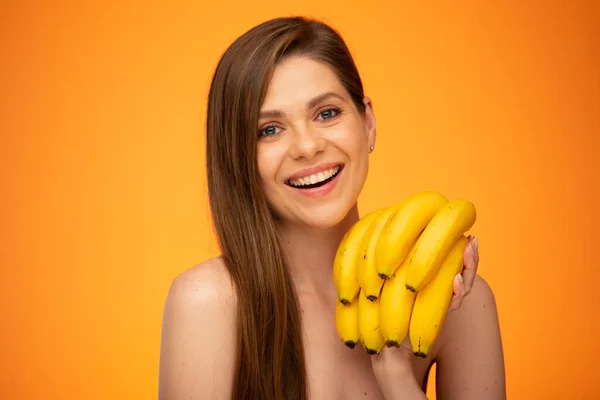 Smaling Mulher Rosto Banana Bando Isolado Retrato Amarelo Laranja Fundo — Fotografia de Stock