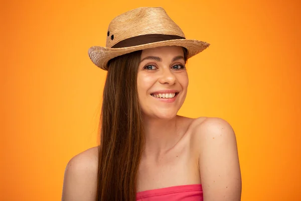 Mujer Feliz Sombrero Mexicano Con Hombros Desnudos Retrato Niña Cara — Foto de Stock