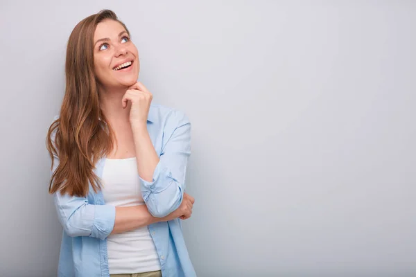 Gelukkig Dromen Vrouw Zoek Omhoog Geïsoleerd Portret — Stockfoto