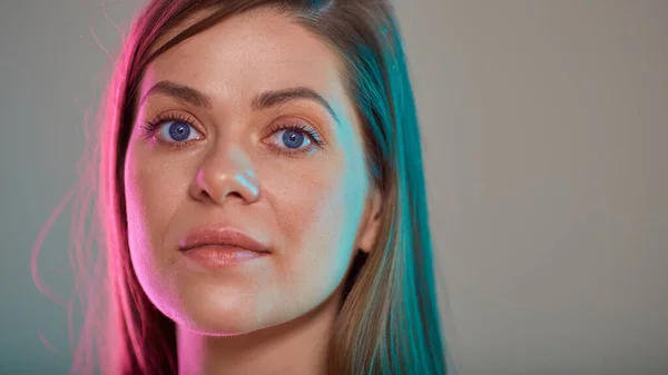 Futuristic Look Woman Female Face Beauty Portrait Multicolored Light Natural — Stock Photo, Image