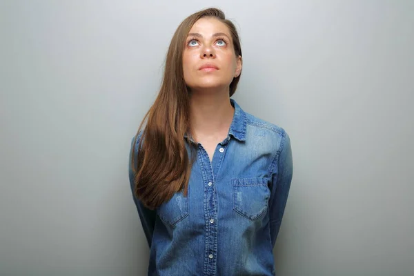 Serious Woman Blue Casual Denim Shirt Thinking Looking Isolated Female — Stock Photo, Image