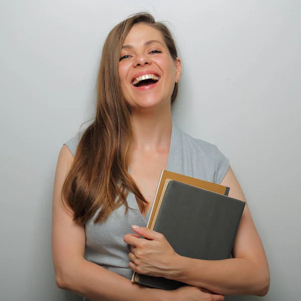 Lachen Docent Student Vrouw Met Boek Werkboek Vrouwelijk Geïsoleerd Portret — Stockfoto