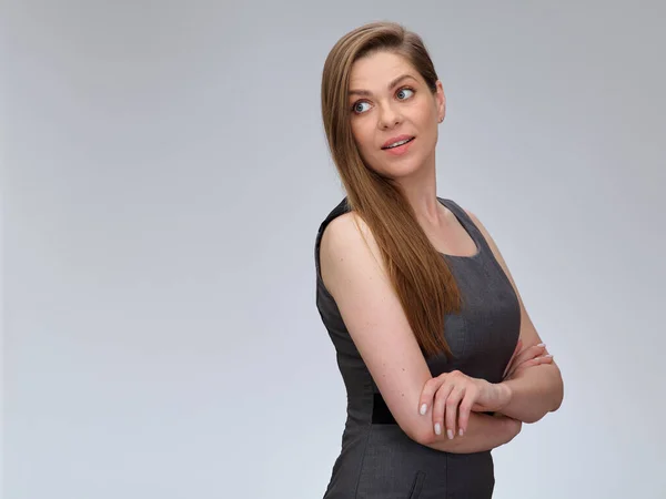 Smiling Business Woman Wearing Gray Dress Standing Arms Crossed Looking — Stock Photo, Image