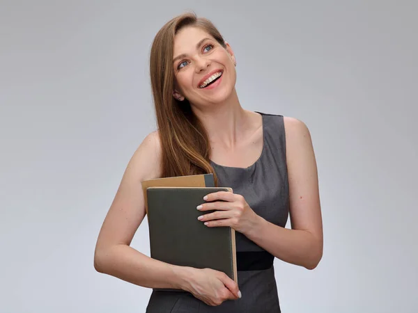Lachende Leraar Vrouw Student Grijze Zakelijke Jurk Staan Met Boeken — Stockfoto