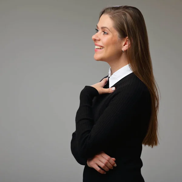 Typ Kvinnlig Lärare Svart Kostym Med Vit Krage Isolerat Kvinnligt — Stockfoto