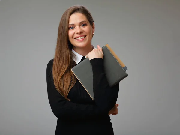 Lachende Vrouw Leraar Student Zwart Business Pak Met Witte Kraag — Stockfoto