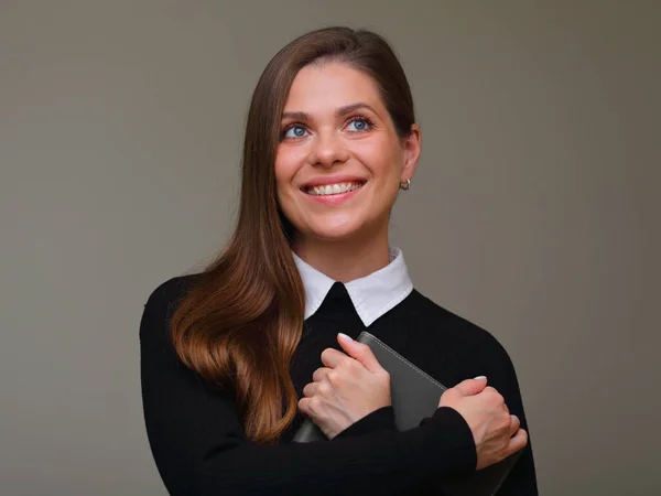 Glimlachende Vrolijke Vrouw Leraar Zwart Business Pak Met Witte Kraag — Stockfoto