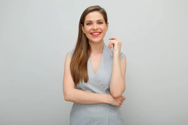 Feliz Mujer Sonriente Gris Vestido Negocios Retrato Aislado —  Fotos de Stock