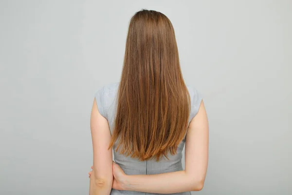 Mujer Vestido Negocios Pie Retrato Femenino Con Pelo Largo Vista —  Fotos de Stock