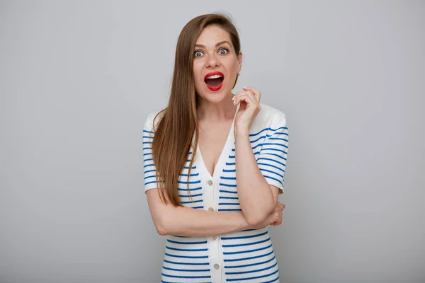 Mulher Incrível Retrato Isolado Menina Emocional Vestido Branco Com Listras — Fotografia de Stock