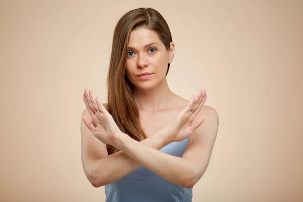 Woman Doing Stop Gest Arms Crossed Isolated Female Portrait Beige — Stock Photo, Image