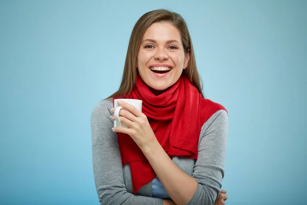 Smiling Woman Holding White Mug Sick Happy Girl Red Scarf — Stock Photo, Image