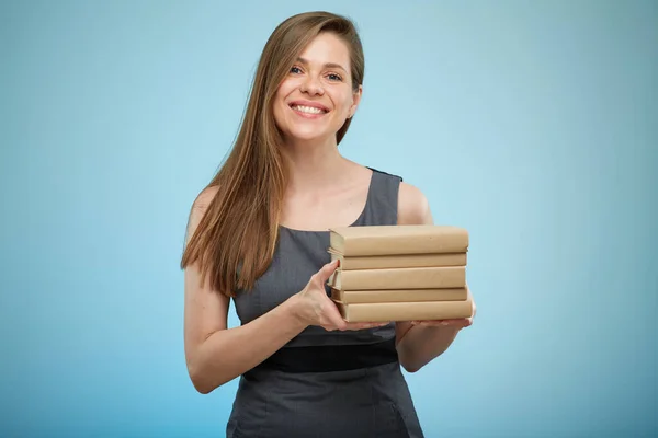 Teacher woman with books isolated portrait.