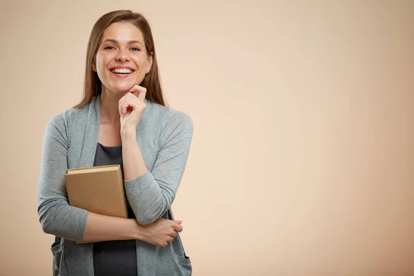 Mujer Sonriente Maestra Estudiante Con Libro Tocando Cara Retrato Femenino —  Fotos de Stock